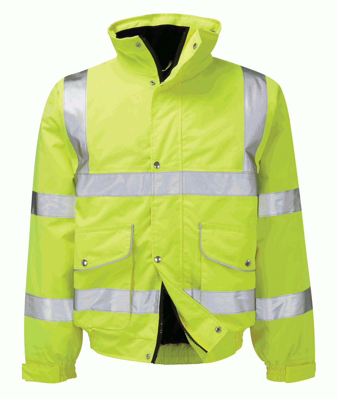 Hi-vis yellow waterproof bomber jacket with reflective silver bands on torso and sleeves, featuring zip and stud front closure, elasticated cuffs, and high collar for enhanced weather protection and visibility. By MAK Boots & Garments.