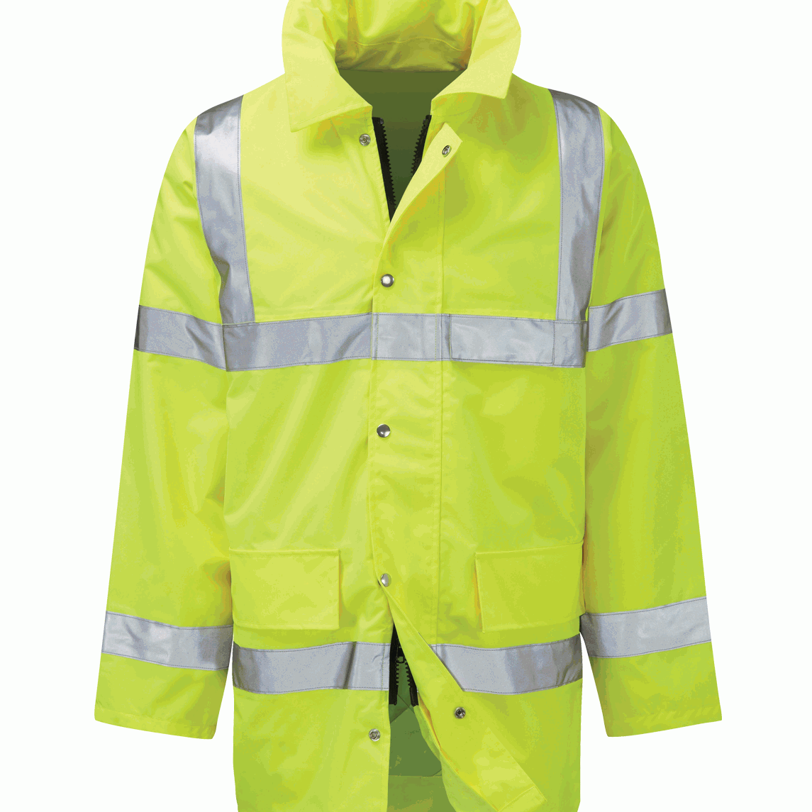 Hi-vis yellow waterproof jacket with reflective silver bands across torso and sleeves. Features zip and stud front closure, practical front pockets, and a foldable high collar for enhanced visibility and weather protection. By MAK Boots & Garments.