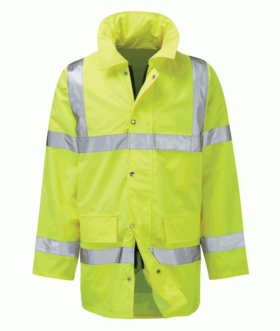Hi-vis yellow waterproof jacket with reflective silver bands across torso and sleeves. Features zip and stud front closure, practical front pockets, and a foldable high collar for enhanced visibility and weather protection. By MAK Boots & Garments.