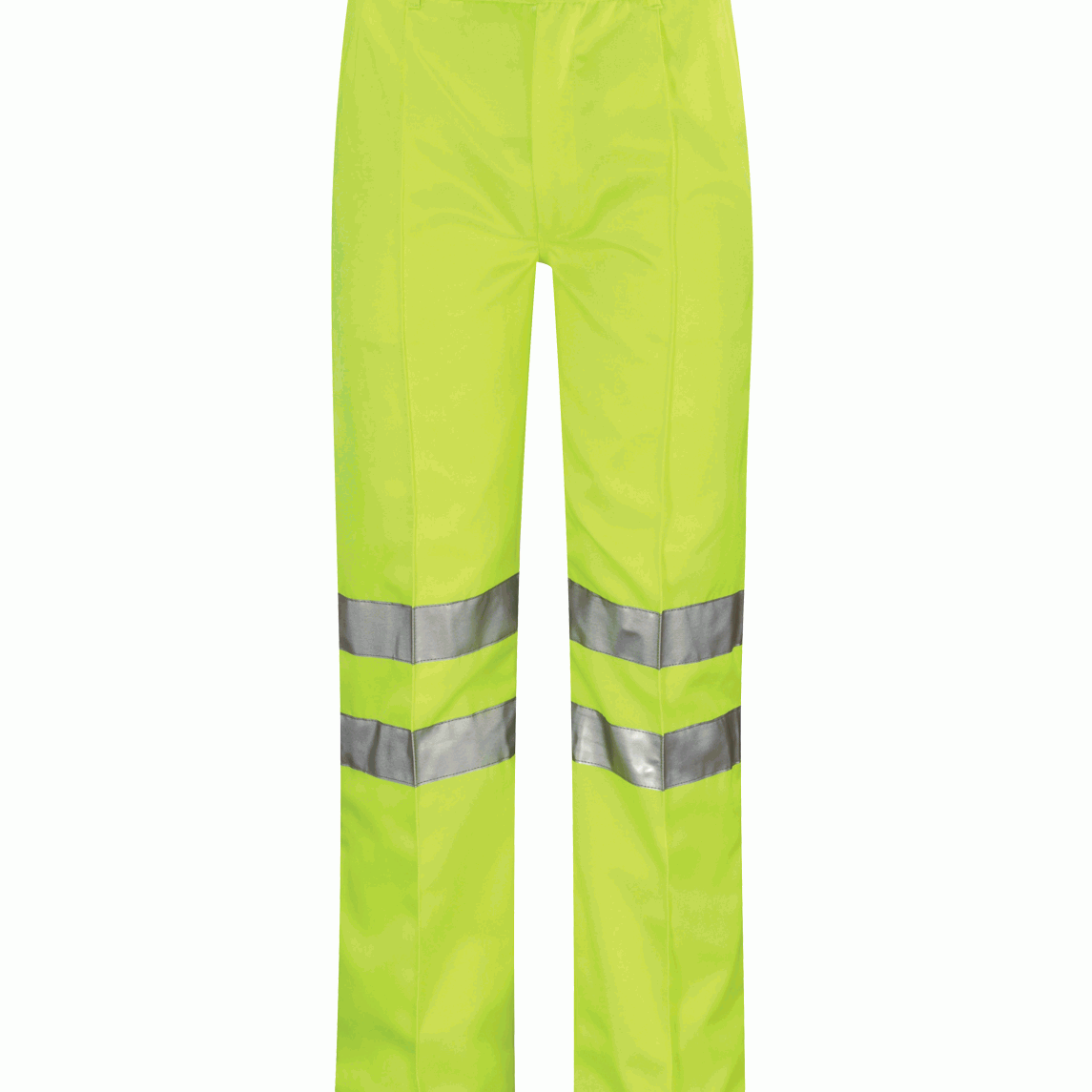 Hi-vis yellow work trousers with twin silver reflective bands on each leg. Designed for enhanced visibility and safety in low-light work environments.