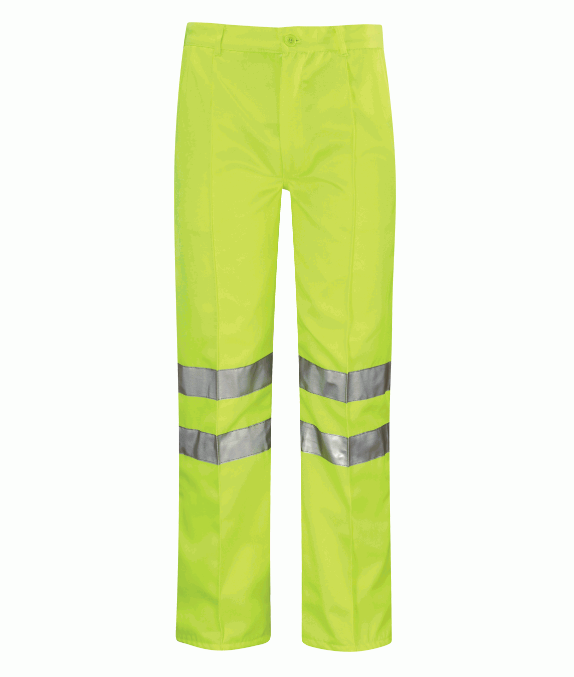 Hi-vis yellow work trousers with twin silver reflective bands on each leg. Designed for enhanced visibility and safety in low-light work environments.