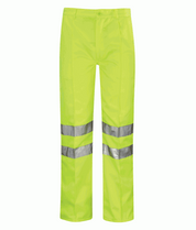 Hi-vis yellow work trousers with twin silver reflective bands on each leg. Designed for enhanced visibility and safety in low-light work environments.