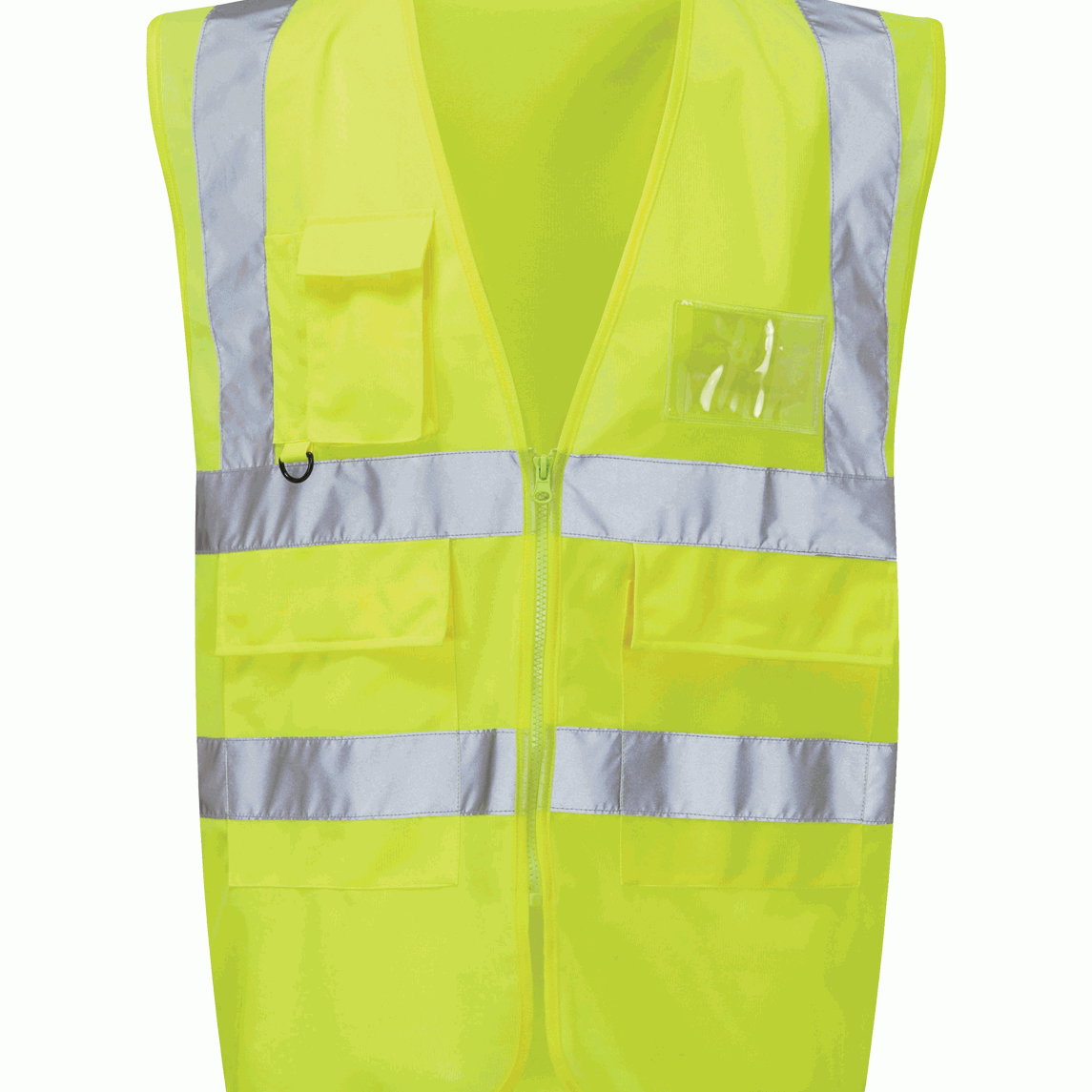 Hi-vis yellow utility safety vest with multiple pockets, reflective tape on shoulders and torso, clear ID pouch, and zip closure. Durable and functional for construction and logistics. By MAK Boots & Garments.