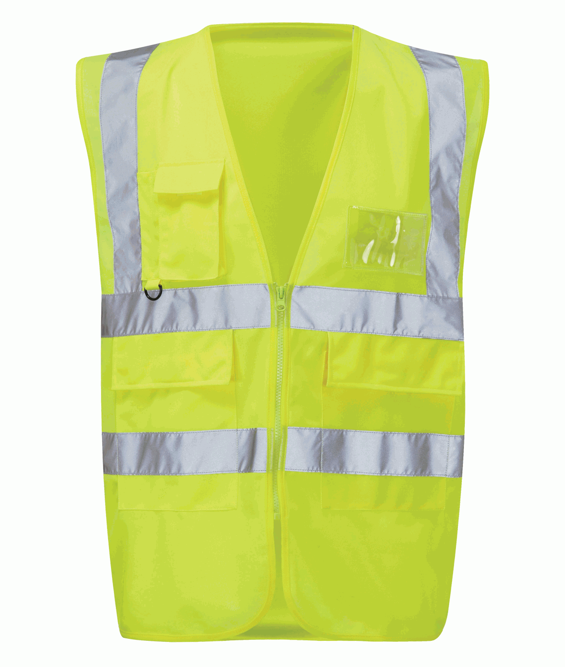 Hi-vis yellow utility safety vest with multiple pockets, reflective tape on shoulders and torso, clear ID pouch, and zip closure. Durable and functional for construction and logistics. By MAK Boots & Garments.