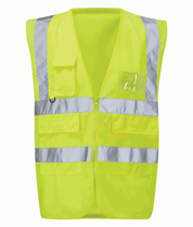 Hi-vis yellow utility safety vest with multiple pockets, reflective tape on shoulders and torso, clear ID pouch, and zip closure. Durable and functional for construction and logistics. By MAK Boots & Garments.