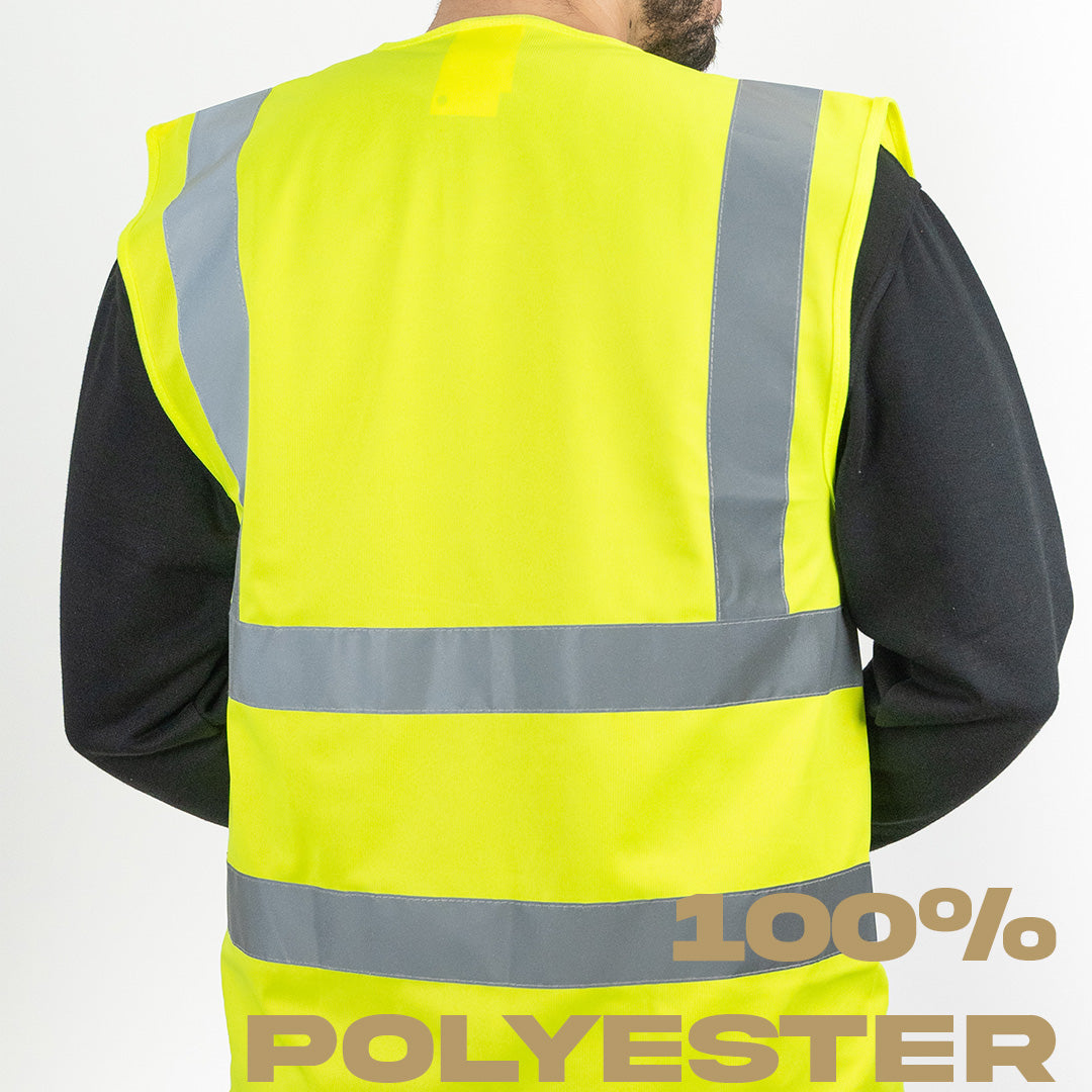 rear view of person wearing yellow hi vis vest on top of a black jumper
