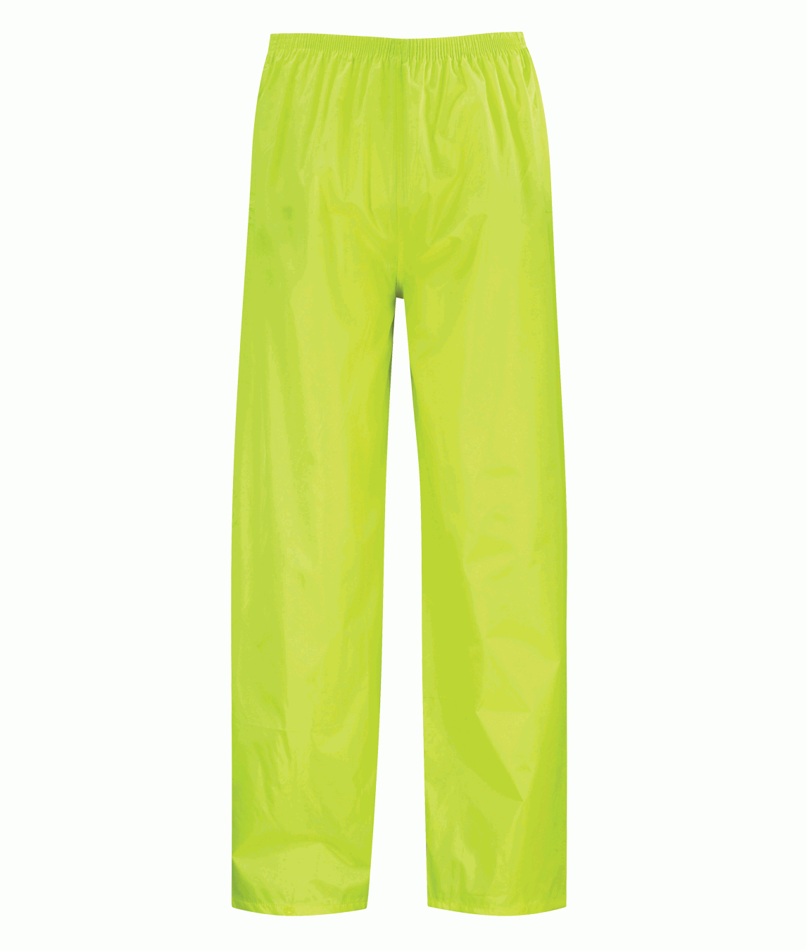 hi vis yellow waterproof overtrousers with a lightweight, minimalist design, elastic waistband, and straight-leg cut built for layering and wet-weather mobility — by MAK Boots & Garments.