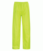 hi vis yellow waterproof overtrousers with a lightweight, minimalist design, elastic waistband, and straight-leg cut built for layering and wet-weather mobility — by MAK Boots & Garments.
