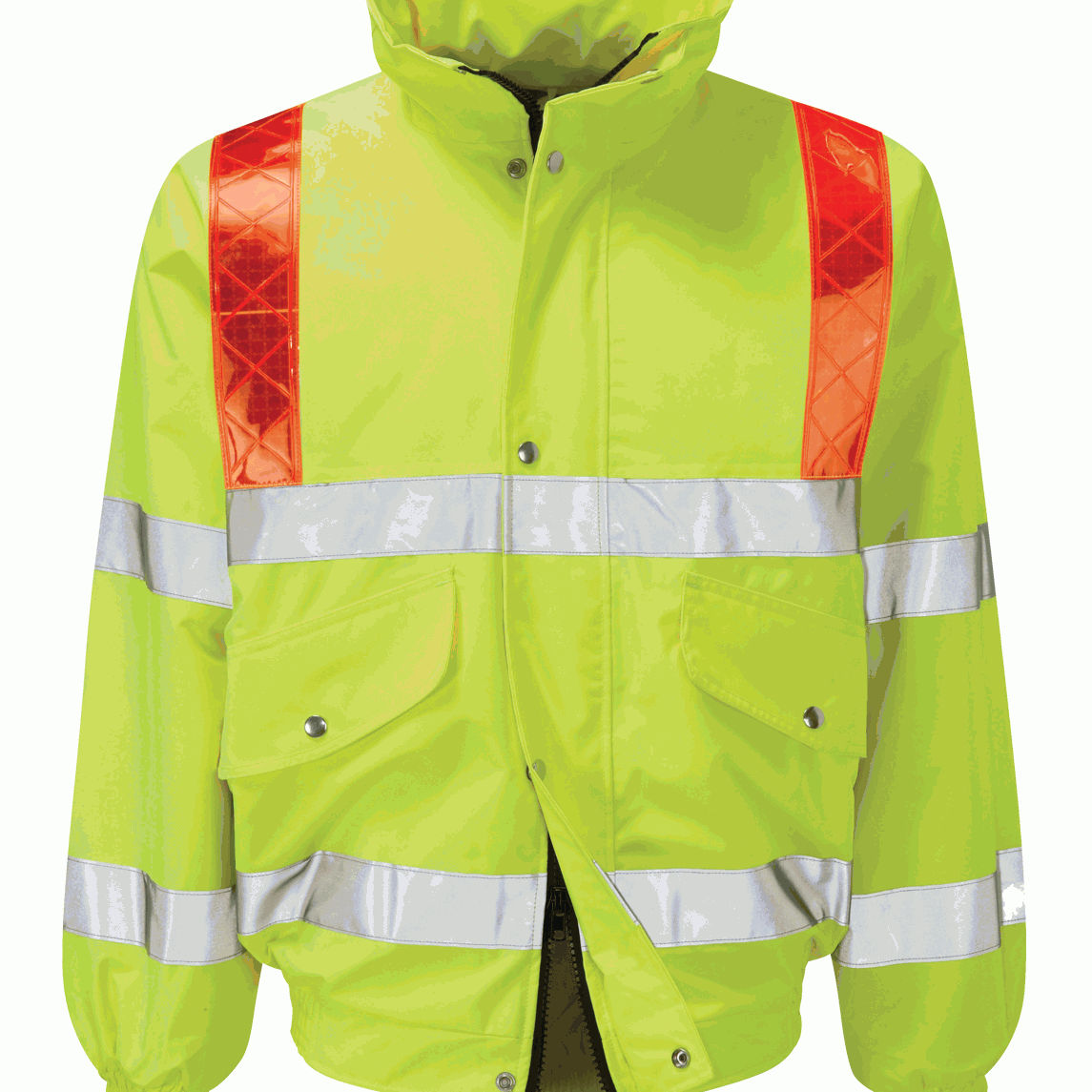Hi-vis yellow waterproof bomber jacket with silver reflective stripes across the body and sleeves, featuring red reflective bands on shoulders. Equipped with elasticated cuffs, secure zip and stud closure, designed for maximum visibility and safety in challenging environments. By MAK Boots & Garments.