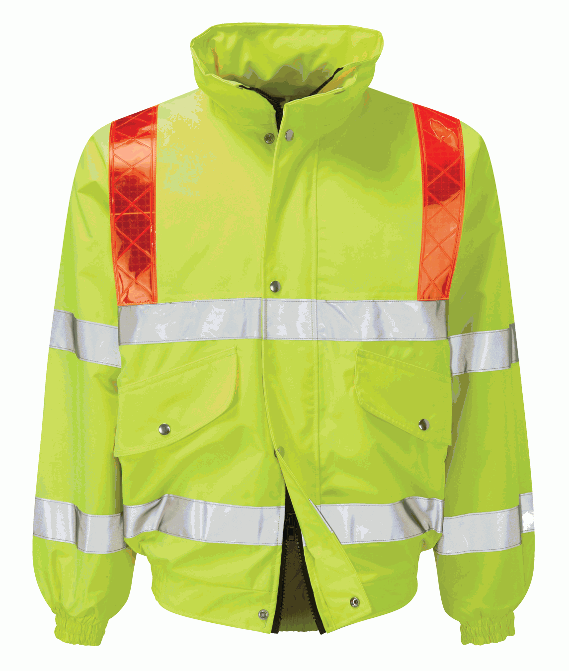 Hi-vis yellow waterproof bomber jacket with silver reflective stripes across the body and sleeves, featuring red reflective bands on shoulders. Equipped with elasticated cuffs, secure zip and stud closure, designed for maximum visibility and safety in challenging environments. By MAK Boots & Garments.