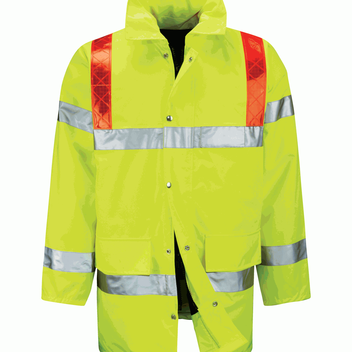 Hi-vis yellow waterproof safety jacket featuring silver reflective bands across the chest, sleeves, and red reflective bands on the shoulders for maximum visibility. Designed for hazardous conditions, with a concealed hood, secure studded storm flap, and durable construction. By MAK Boots & Garments.