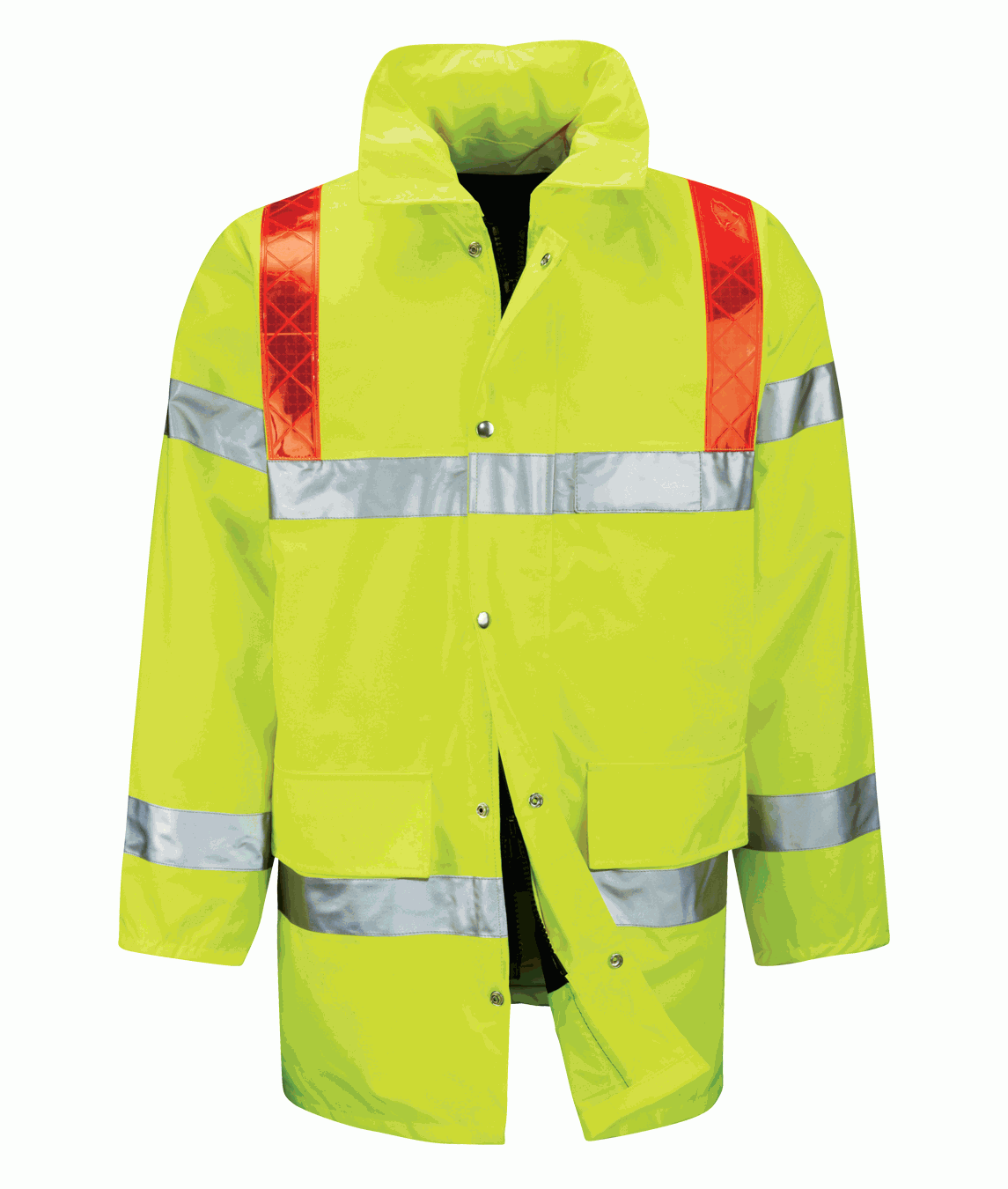 Hi-vis yellow waterproof safety jacket featuring silver reflective bands across the chest, sleeves, and red reflective bands on the shoulders for maximum visibility. Designed for hazardous conditions, with a concealed hood, secure studded storm flap, and durable construction. By MAK Boots & Garments.