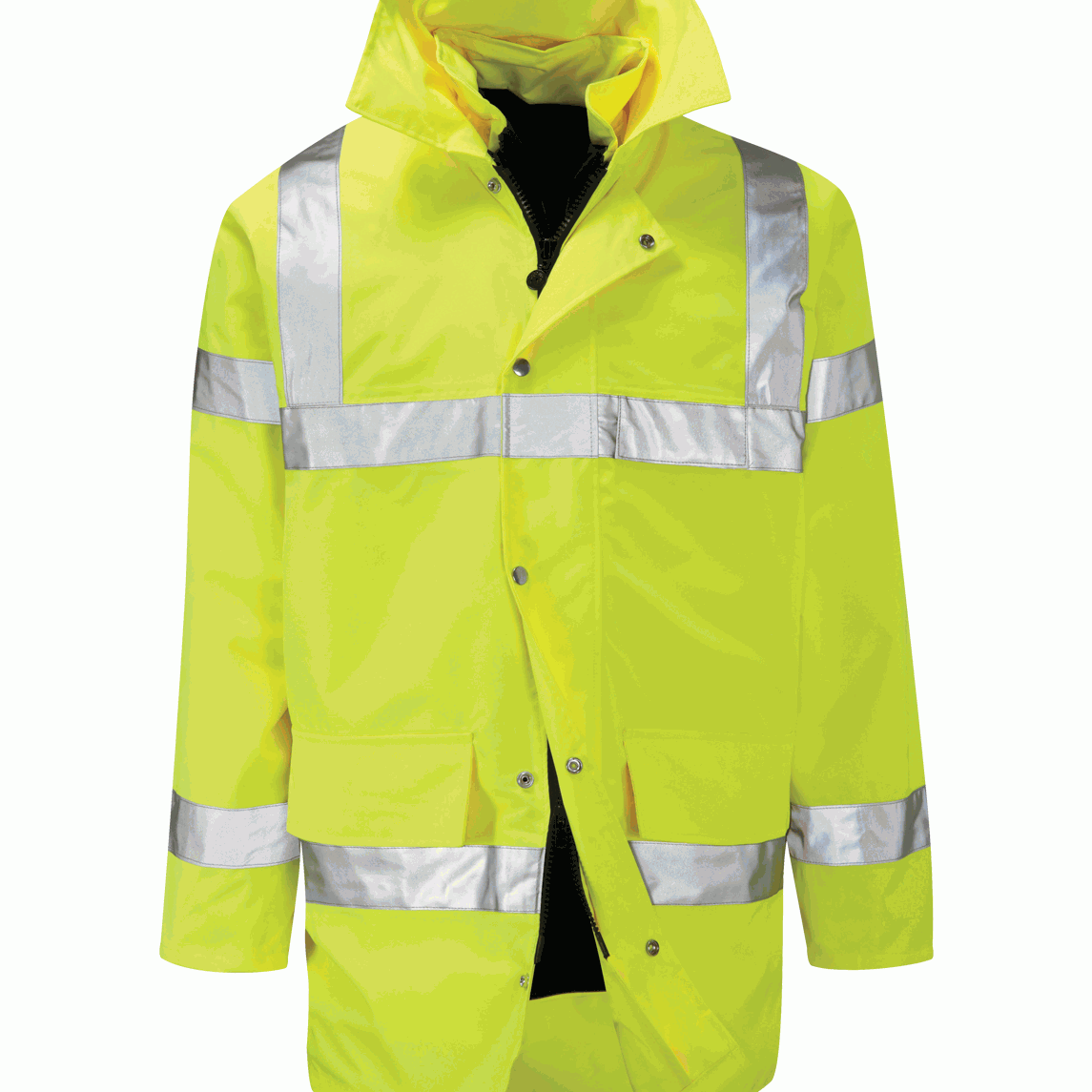Hi-vis yellow waterproof jacket featuring reflective bands across the torso, sleeves, and shoulders for enhanced visibility. Designed for hazardous environments with a concealed hood, front zip, and secure studded storm flap. By MAK Boots & Garments.