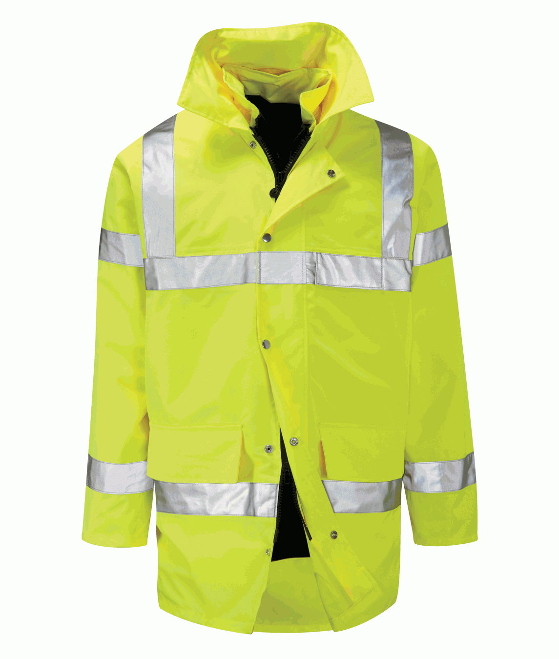Hi-vis yellow waterproof jacket featuring reflective bands across the torso, sleeves, and shoulders for enhanced visibility. Designed for hazardous environments with a concealed hood, front zip, and secure studded storm flap. By MAK Boots & Garments.