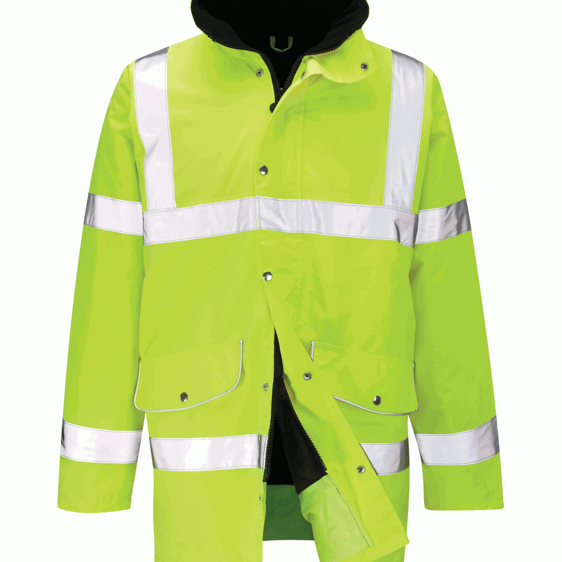 Hi-vis yellow waterproof jacket with silver reflective tape across the torso, arms, and shoulders. Features a black fleece-lined collar and a storm flap for extra protection. Ideal for high-visibility needs in outdoor or industrial settings. By MAK Boots & Garments.