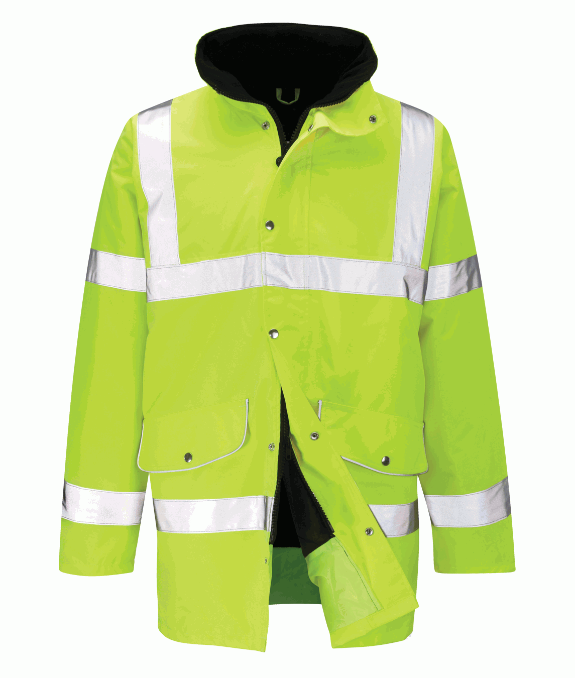 Hi-vis yellow waterproof jacket with silver reflective tape across the torso, arms, and shoulders. Features a black fleece-lined collar and a storm flap for extra protection. Ideal for high-visibility needs in outdoor or industrial settings. By MAK Boots & Garments.