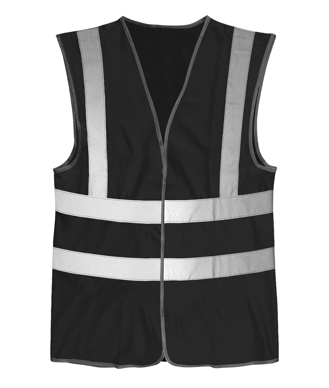high-visibility black safety vest with silver reflective vertical and horizontal striping, grey trim, and a lightweight, sleeveless design built for clear visibility and easy layering by MAK Boots & Garments.