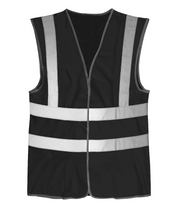 high-visibility black safety vest with silver reflective vertical and horizontal striping, grey trim, and a lightweight, sleeveless design built for clear visibility and easy layering by MAK Boots & Garments.