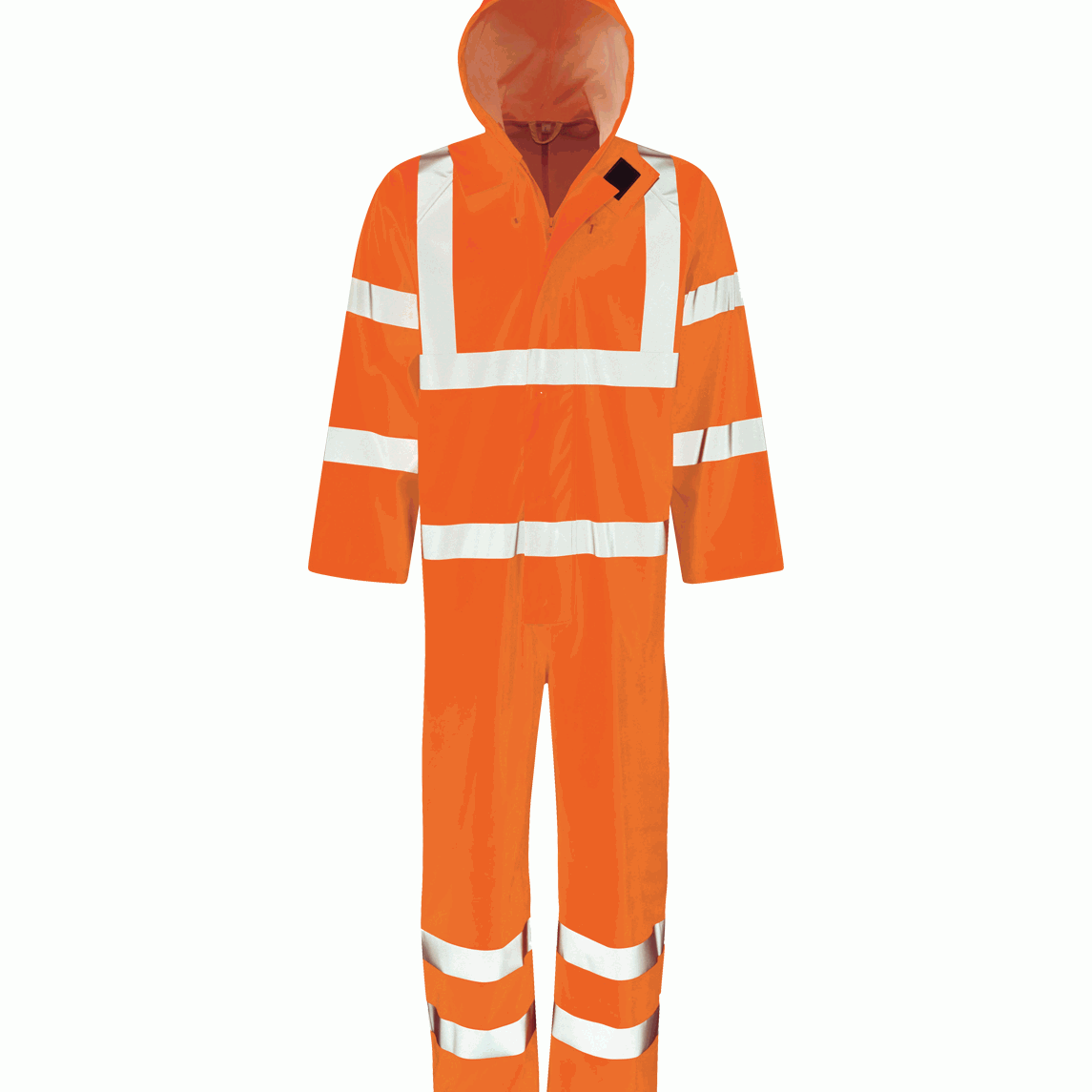 high-visibility orange coverall suit with a full hood, bold silver reflective striping across the chest, arms, waist, and legs, designed for maximum visibility and weather protection in hazardous environments by MAK Boots & Garments.