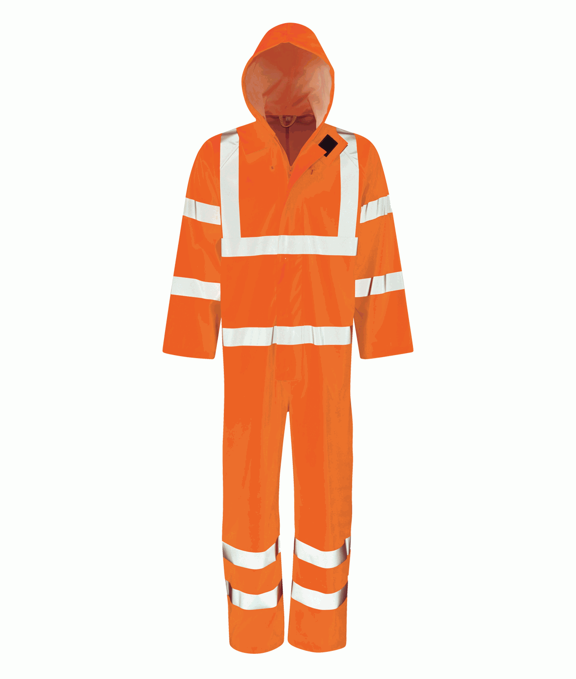high-visibility orange coverall suit with a full hood, bold silver reflective striping across the chest, arms, waist, and legs, designed for maximum visibility and weather protection in hazardous environments by MAK Boots & Garments.