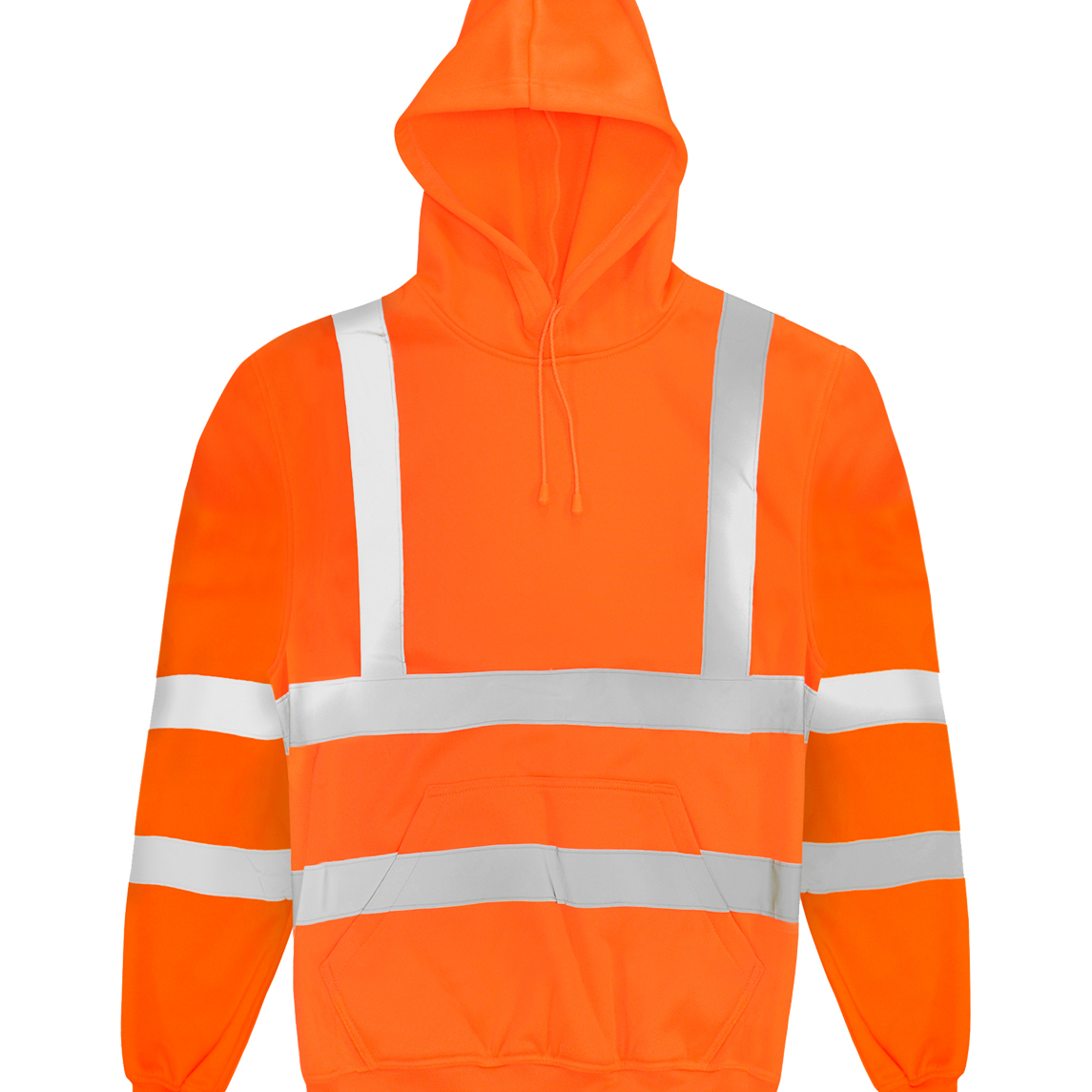 high-visibility orange hooded sweatshirt with silver reflective striping across the chest, arms, and back, featuring a front kangaroo pocket and drawstring hood for warmth and visibility in active environments  by MAK Boots & Garments.