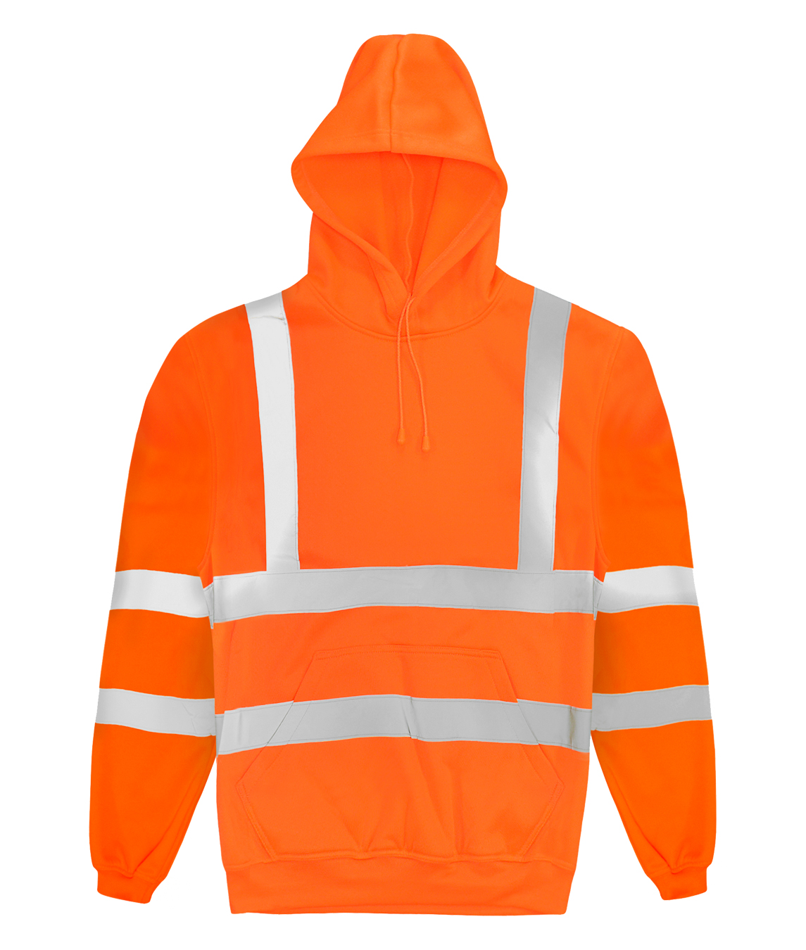 high-visibility orange hooded sweatshirt with silver reflective striping across the chest, arms, and back, featuring a front kangaroo pocket and drawstring hood for warmth and visibility in active environments  by MAK Boots & Garments.