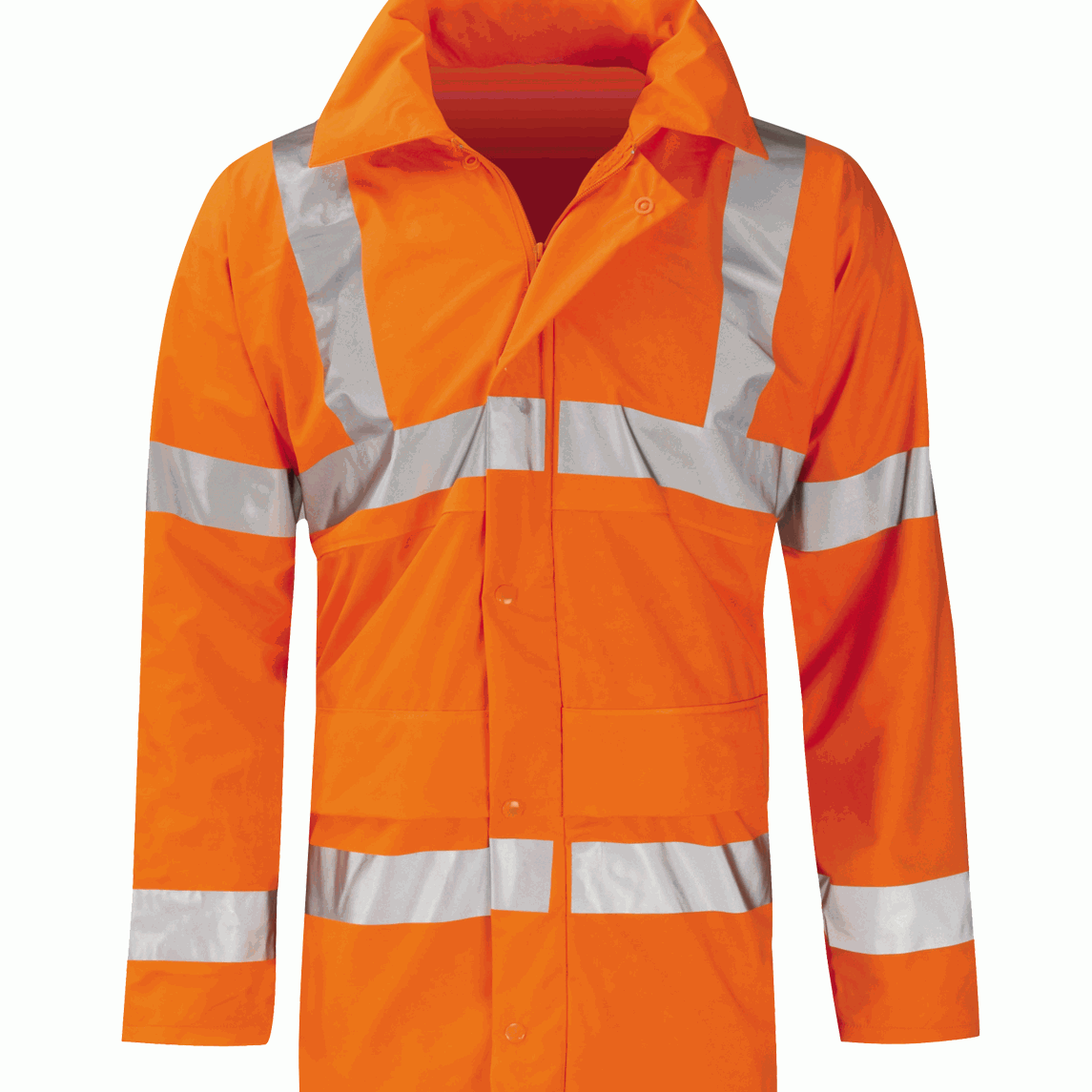 high-visibility orange safety jacket with silver reflective striping across the chest, arms, and shoulders, featuring a tall collar, storm flap closure, and oversized utility pockets for maximum function and protection by MAK Boots & Garments.