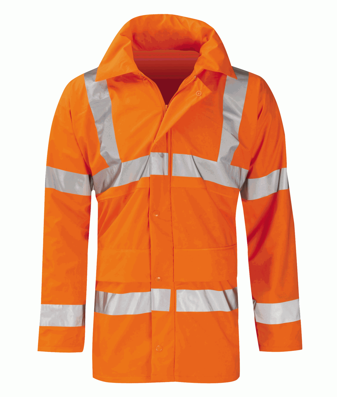 high-visibility orange safety jacket with silver reflective striping across the chest, arms, and shoulders, featuring a tall collar, storm flap closure, and oversized utility pockets for maximum function and protection by MAK Boots & Garments.