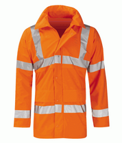 high-visibility orange safety jacket with silver reflective striping across the chest, arms, and shoulders, featuring a tall collar, storm flap closure, and oversized utility pockets for maximum function and protection by MAK Boots & Garments.