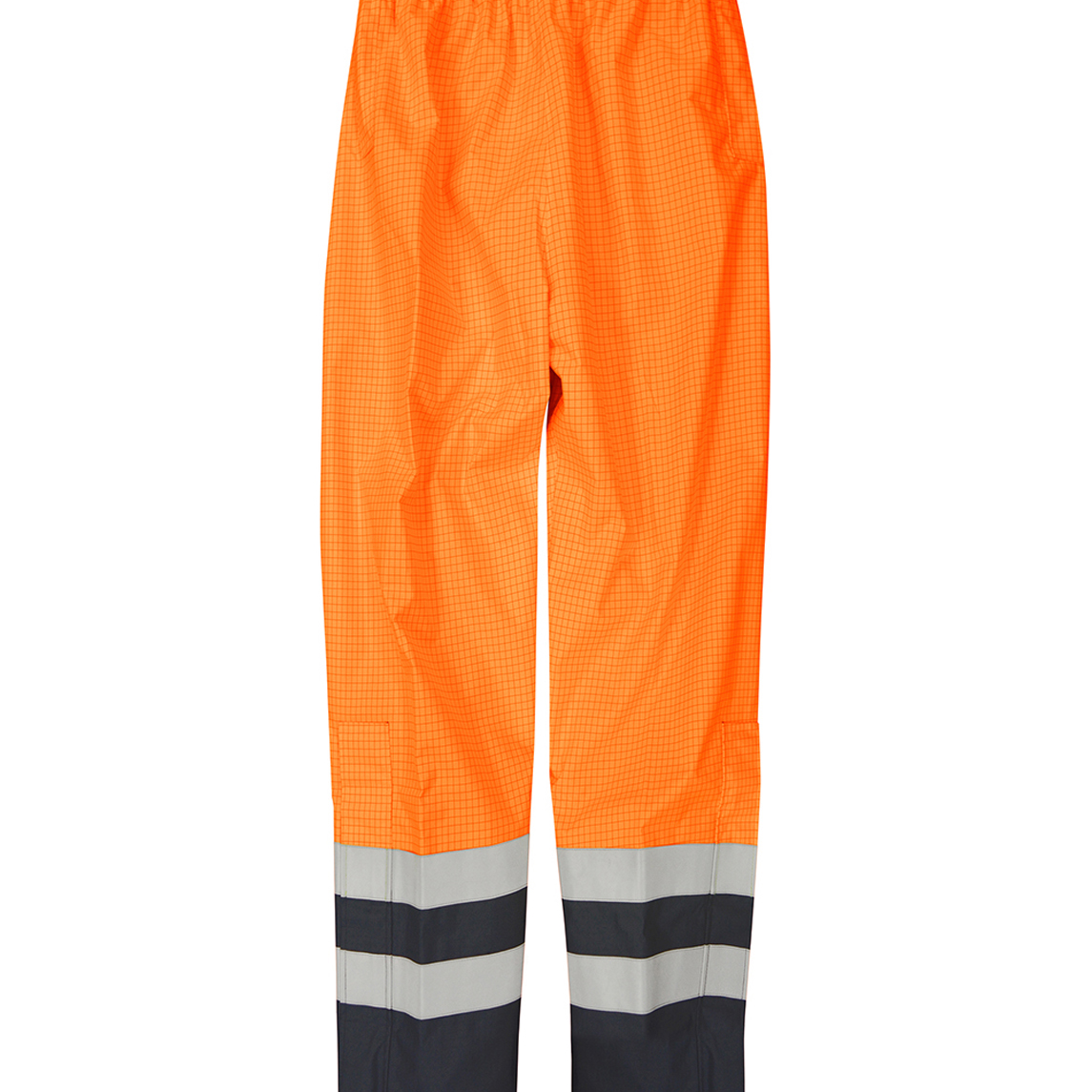 high-visibility orange safety trousers with grid-texture fabric, reflective silver striping above the black reinforced cuffs, and an elastic waistband for all-day durability and visibility by MAK Boots & Garments.