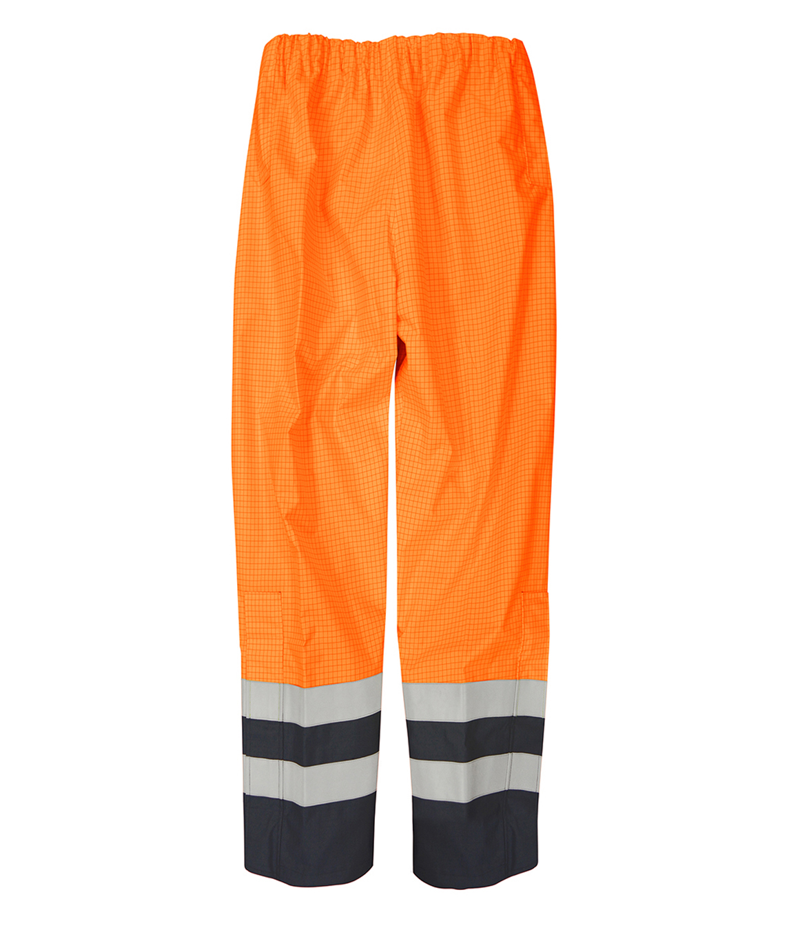 high-visibility orange safety trousers with grid-texture fabric, reflective silver striping above the black reinforced cuffs, and an elastic waistband for all-day durability and visibility by MAK Boots & Garments.
