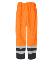 high-visibility orange safety trousers with grid-texture fabric, reflective silver striping above the black reinforced cuffs, and an elastic waistband for all-day durability and visibility by MAK Boots & Garments.