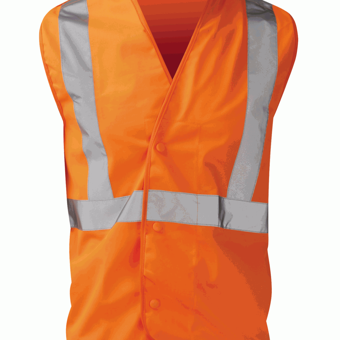 high-visibility orange safety vest with vertical and horizontal silver reflective striping, snap-button closure, and a clean, lightweight design built for visibility and easy layering  by MAK Boots & Garments.