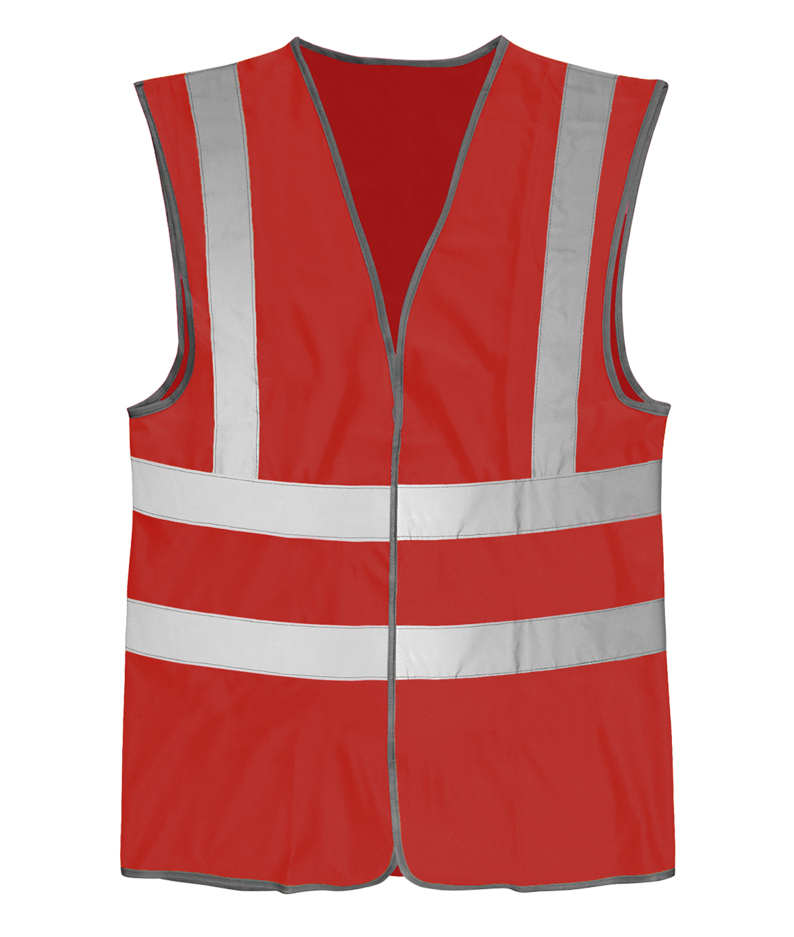 high-visibility red safety vest with silver reflective vertical and horizontal striping, grey trim, and a lightweight, sleeveless design built for clear visibility and easy layering  by MAK Boots & Garments.
