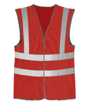 high-visibility red safety vest with silver reflective vertical and horizontal striping, grey trim, and a lightweight, sleeveless design built for clear visibility and easy layering  by MAK Boots & Garments.