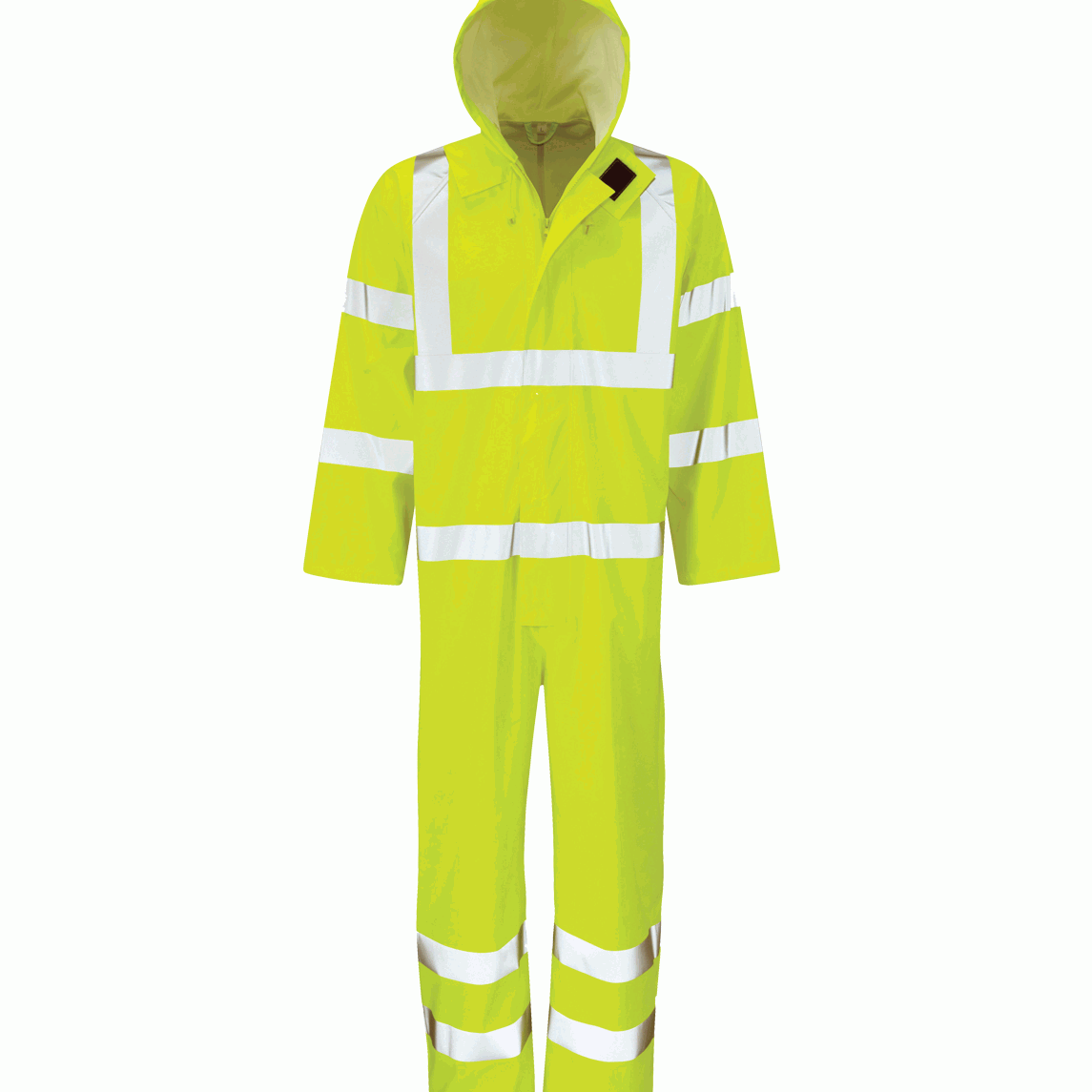 high-visibility yellow coverall with a full hood, wide silver reflective striping across the arms, chest, waist, and lower legs, built for maximum safety and protection in hazardous environments  by MAK Boots & Garments.
