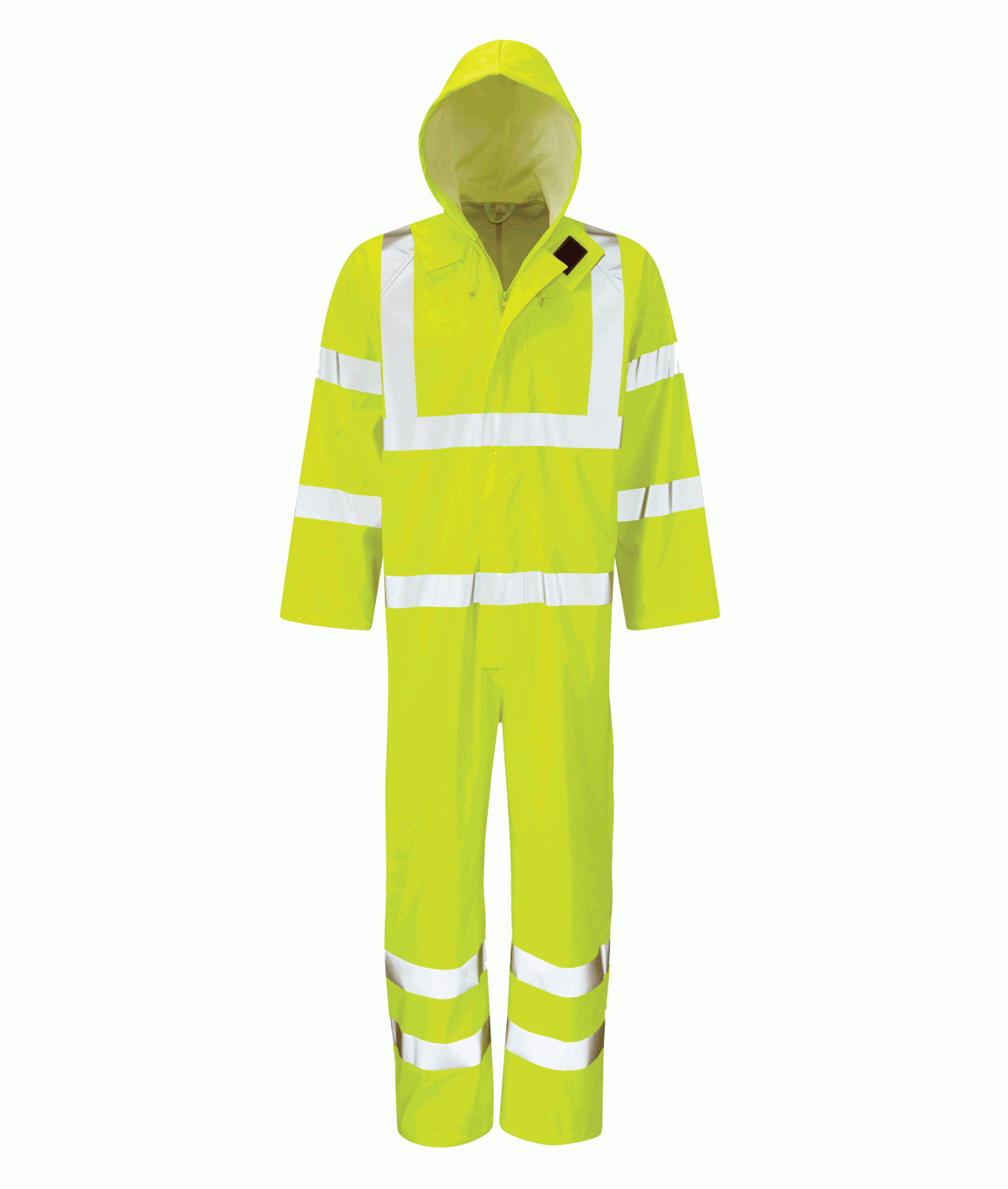 high-visibility yellow coverall with a full hood, wide silver reflective striping across the arms, chest, waist, and lower legs, built for maximum safety and protection in hazardous environments  by MAK Boots & Garments.