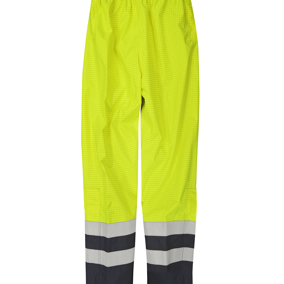 high-visibility yellow safety trousers with grid-texture fabric, reflective silver striping above the black reinforced cuffs, and an elastic waistband for all-day durability and visibility  by MAK Boots & Garments.