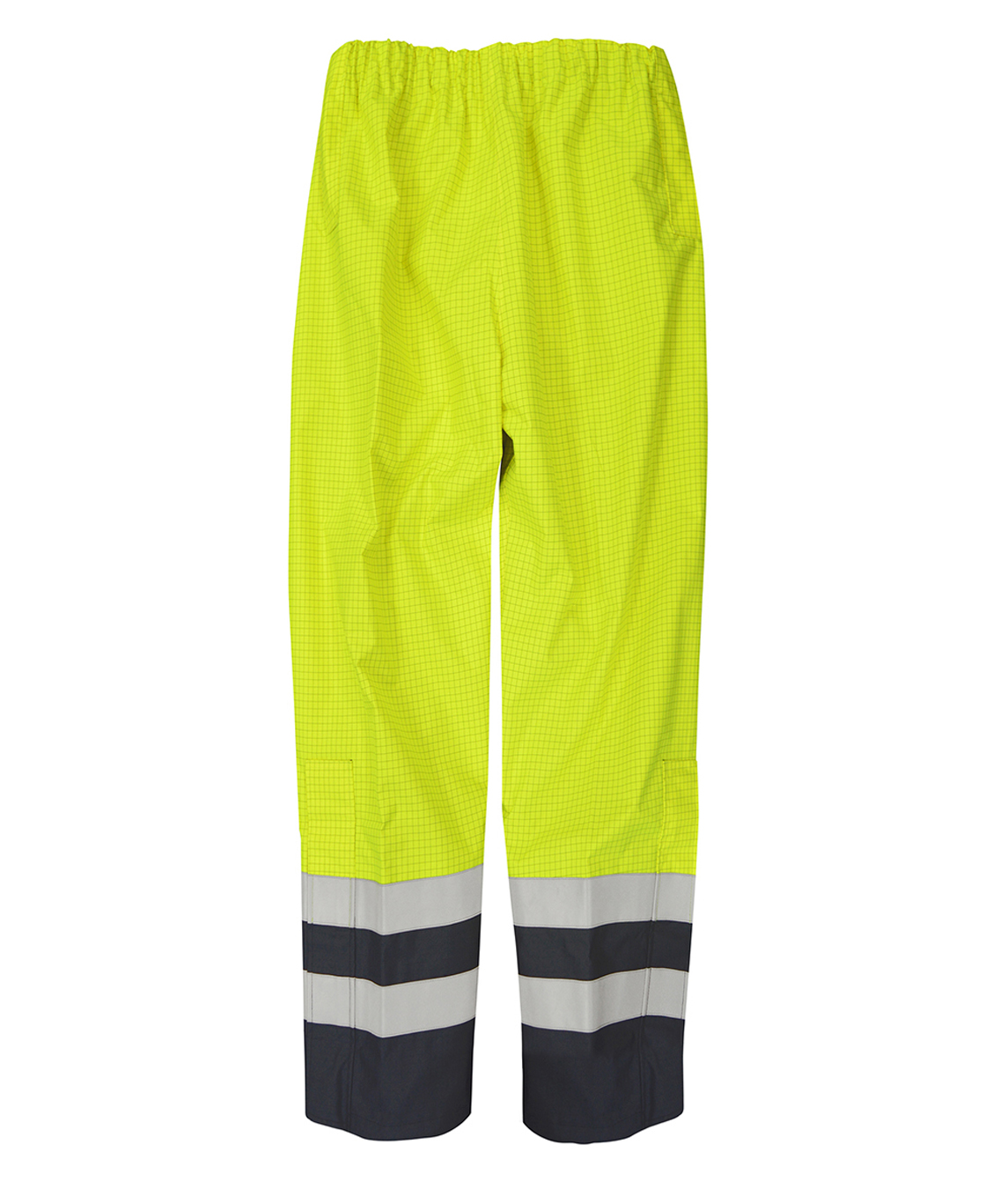 high-visibility yellow safety trousers with grid-texture fabric, reflective silver striping above the black reinforced cuffs, and an elastic waistband for all-day durability and visibility  by MAK Boots & Garments.