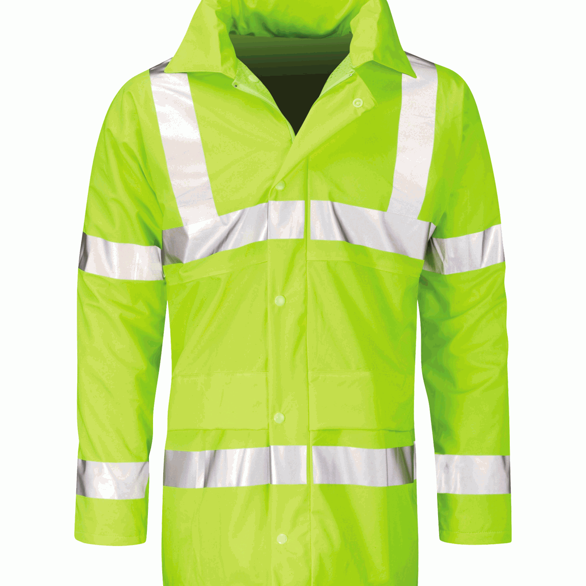 high-visibility yellow safety jacket with silver reflective striping across the chest, arms, and shoulders, finished with a tall stand-up collar, snap-button front, and deep front pockets for high-performance visibility and weather resistance by MAK Boots & Garments.