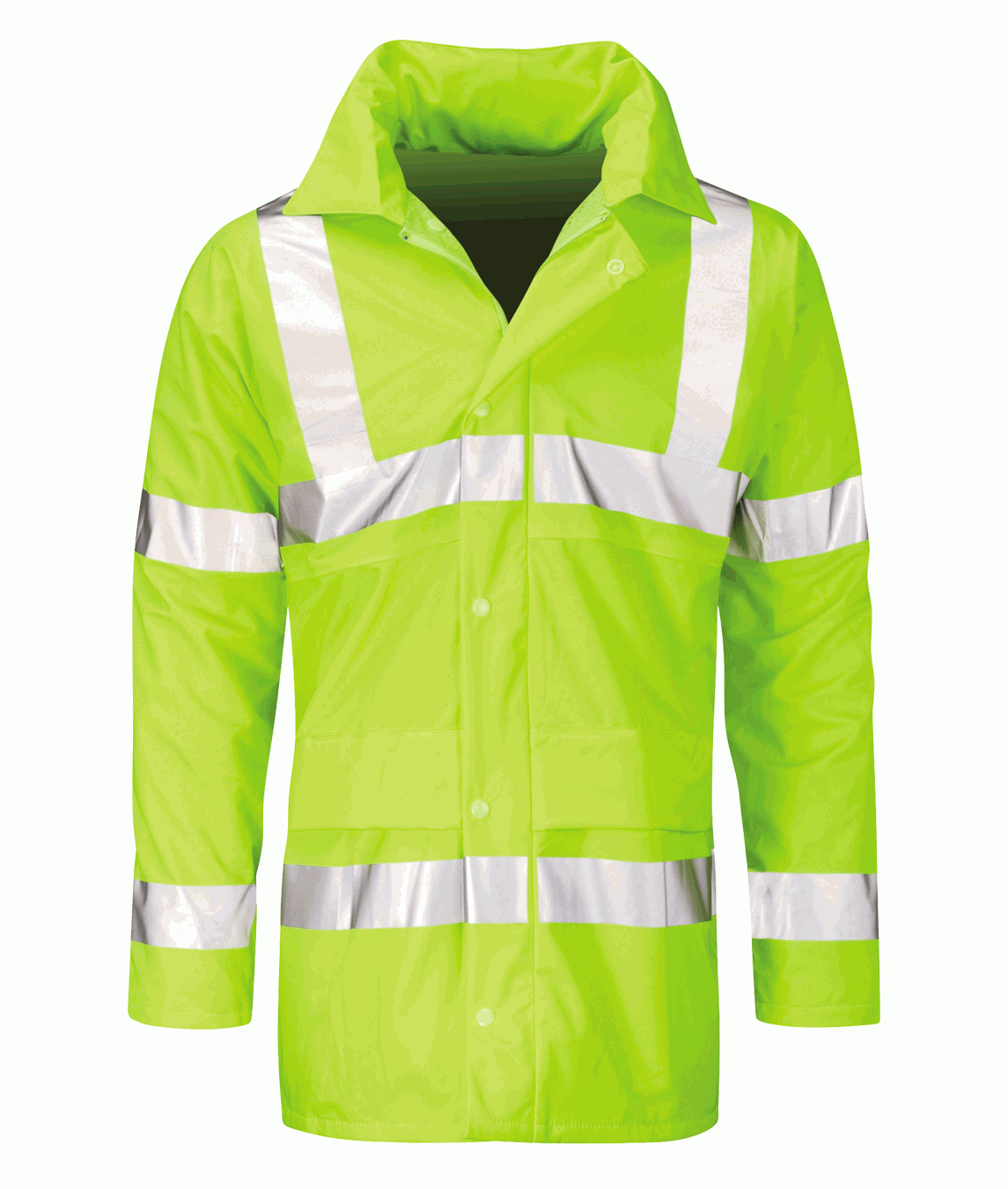 high-visibility yellow safety jacket with silver reflective striping across the chest, arms, and shoulders, finished with a tall stand-up collar, snap-button front, and deep front pockets for high-performance visibility and weather resistance by MAK Boots & Garments.
