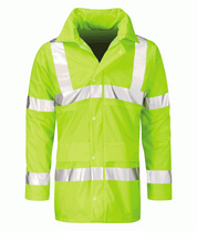 high-visibility yellow safety jacket with silver reflective striping across the chest, arms, and shoulders, finished with a tall stand-up collar, snap-button front, and deep front pockets for high-performance visibility and weather resistance by MAK Boots & Garments.