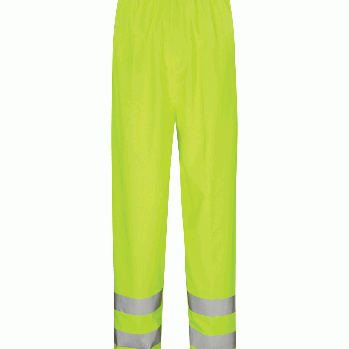  high-visibility yellow safety trousers with dual silver reflective bands around each lower leg, featuring a lightweight waterproof shell and elastic waistband for unrestricted protection in low-light and wet environments by MAK Boots & Garments.