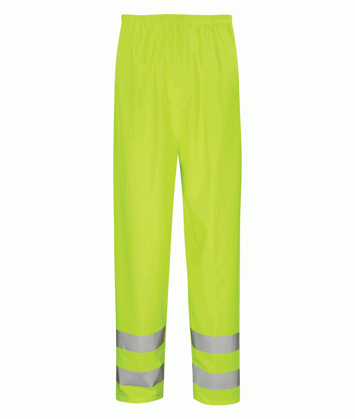  high-visibility yellow safety trousers with dual silver reflective bands around each lower leg, featuring a lightweight waterproof shell and elastic waistband for unrestricted protection in low-light and wet environments by MAK Boots & Garments.