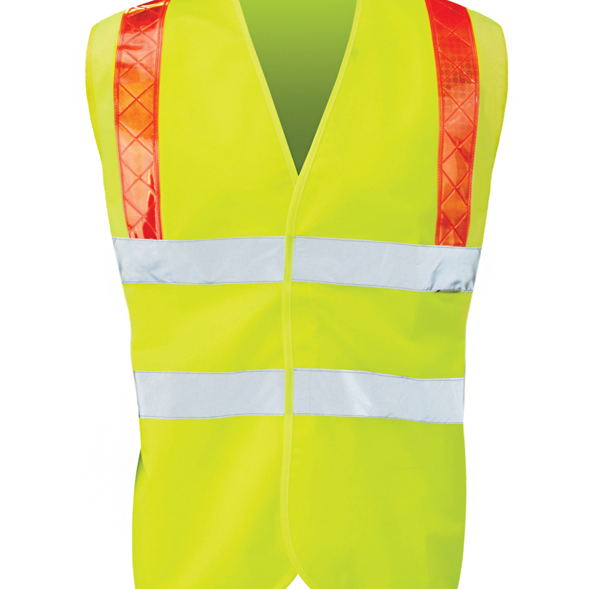 high-visibility yellow safety vest with silver reflective horizontal striping and bold orange reflective accents over the shoulders, designed for lightweight visibility and mobility — by MAK Boots & Garments.