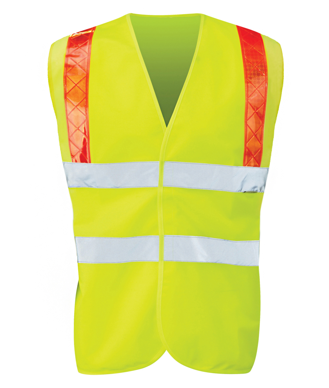 high-visibility yellow safety vest with silver reflective horizontal striping and bold orange reflective accents over the shoulders, designed for lightweight visibility and mobility — by MAK Boots & Garments.