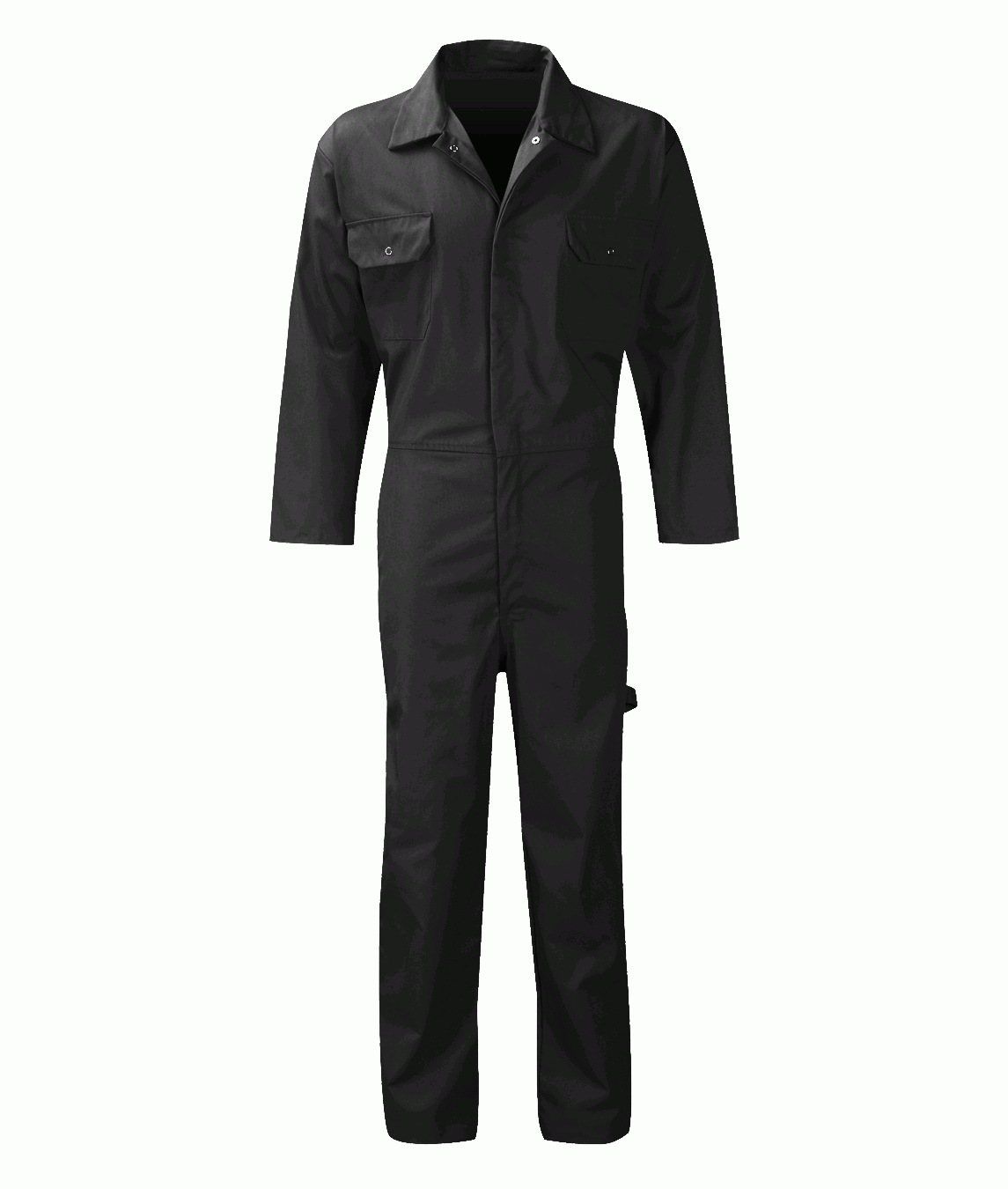 industrial black utility coverall with a front zip closure, snap-collar, chest flap pockets, and reinforced stitching, designed for durability, freedom of movement, and full-body protection on the job — by MAK Boots & Garments.
