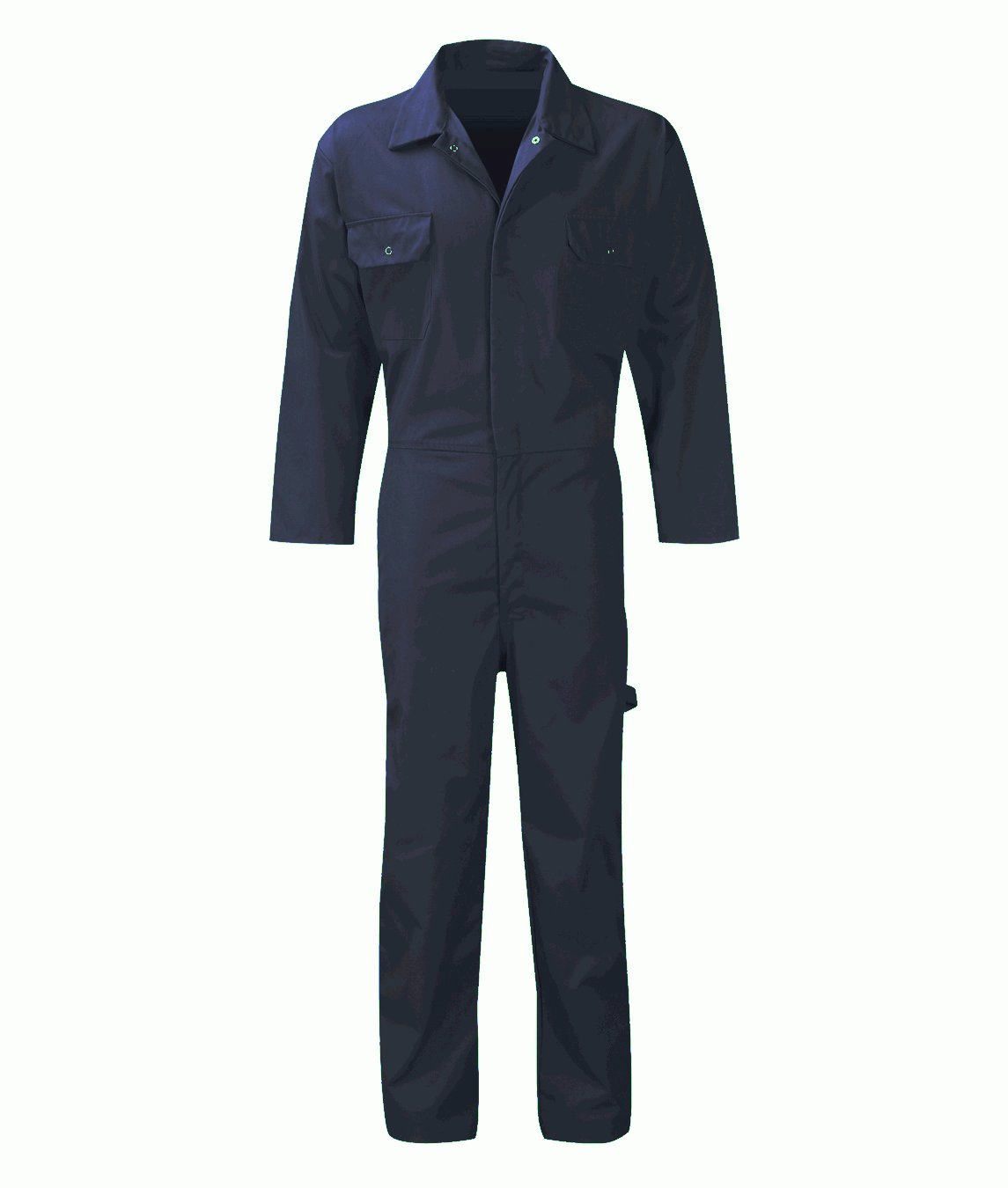industrial navy utility coverall with a front zip closure, snap-collar, chest flap pockets, and reinforced stitching, designed for durability, freedom of movement, and full-body protection on the job — by MAK Boots & Garments.