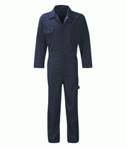 industrial navy utility coverall with a front zip closure, snap-collar, chest flap pockets, and reinforced stitching, designed for durability, freedom of movement, and full-body protection on the job — by MAK Boots & Garments.