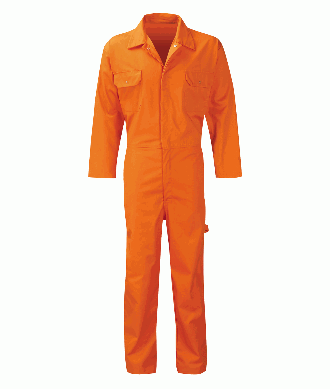 industrial orange utility coverall with a front zip closure, snap-collar, chest flap pockets, and reinforced stitching, designed for durability, freedom of movement, and full-body protection on the job by MAK Boots & Garments.